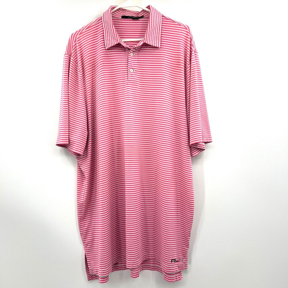 RLX Ralph Lauren Mens XXL Pink White Striped Golf Polo Shirt Short Sleeve